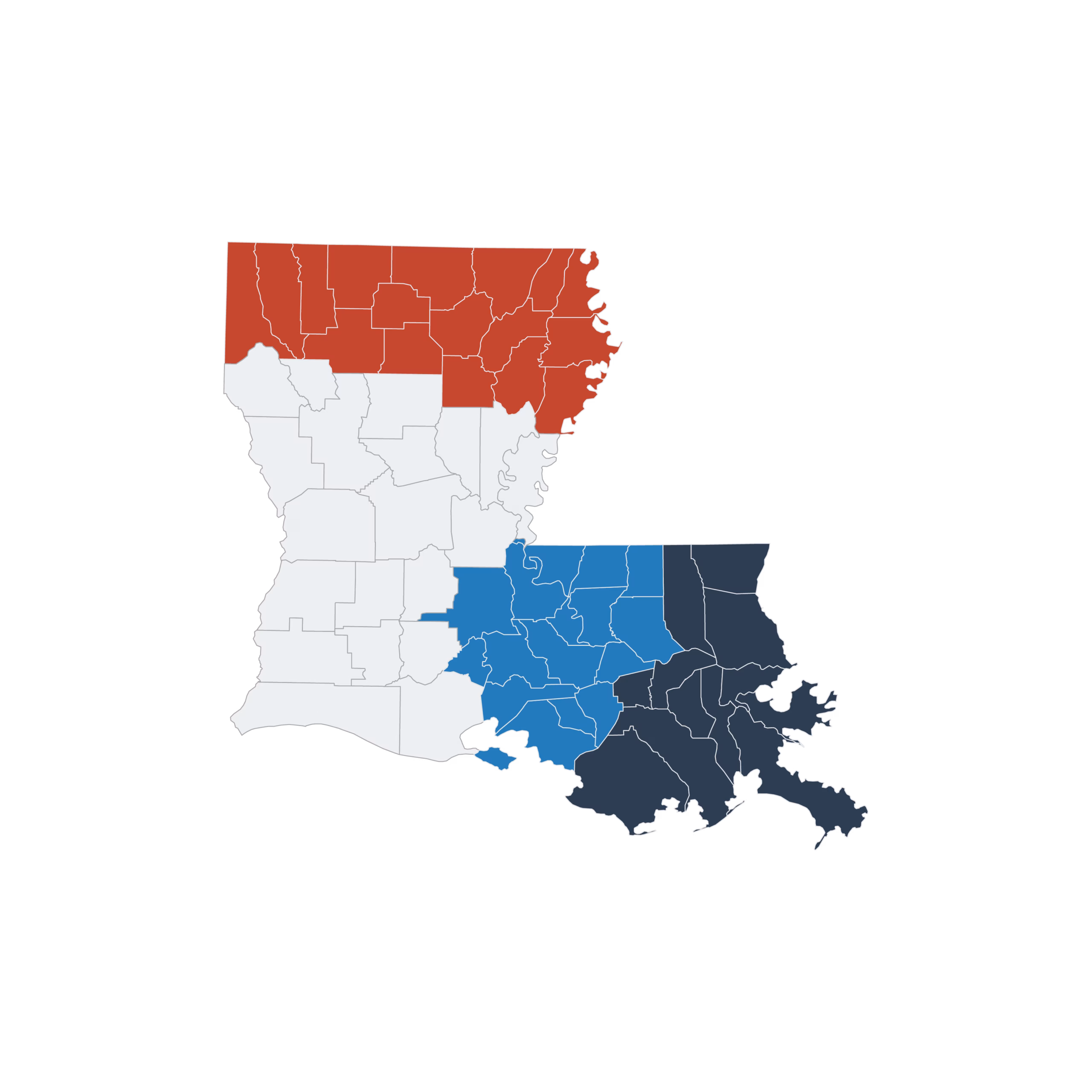 Employment Coordinator Map Work for Warriors Louisiana 4 regions colored.