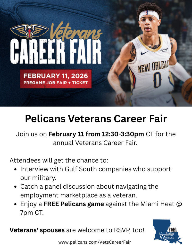 Pelicans Veteran Career Fair flyer: February 11, 2026, 12:30–3:30 PM at the Smoothie King Center, New Orleans